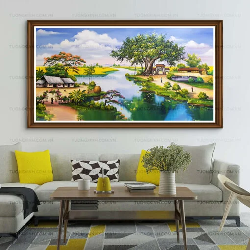 tranh sơn dầu phong cảnh làng quê Việt Nam treo tường phòng khách đẹp
