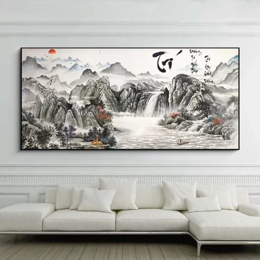 Tranh sơn dầu phong cảnh thiên nhiên núi non treo tường phòng khách hiện đại