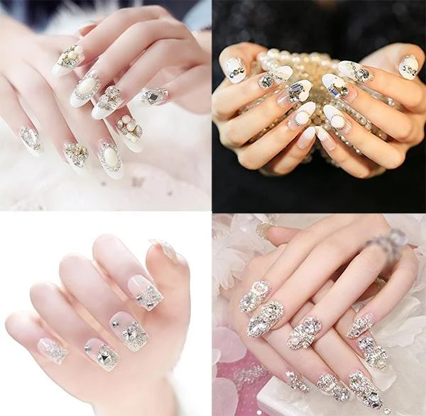 Mẫu nail đơn giản nhẹ nhàng đính đá sáng lấp lánh