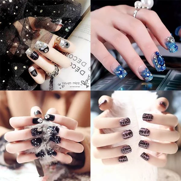 Các mẫu nail đơn giản nhẹ nhàng với đá và họa tiết đen trắng