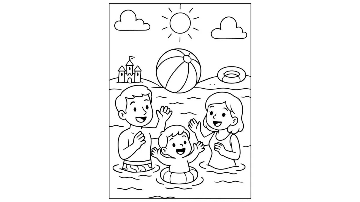 Tranh vẽ bảo vệ môi trường với gia đình ba người vui chơi dưới nước cùng bóng biển, phao và lâu đài cát