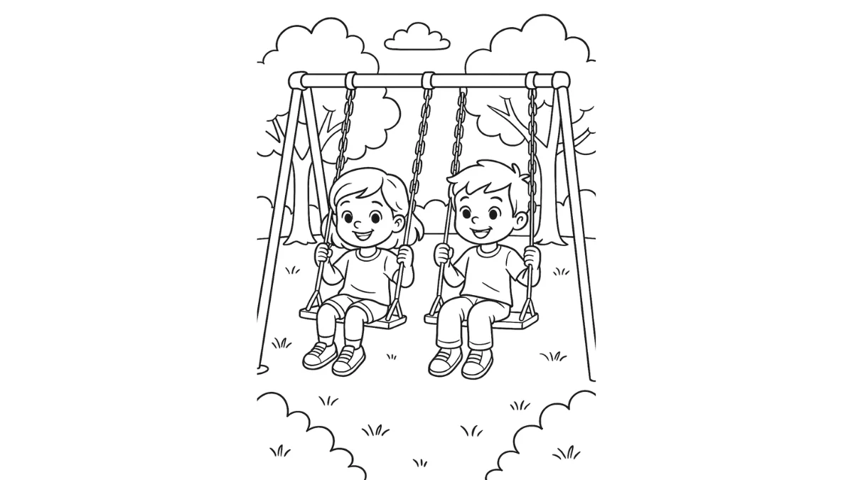 Tranh vẽ bảo vệ môi trường với hai em nhỏ vui chơi trên xích đu giữa công viên nhiều cây xanh