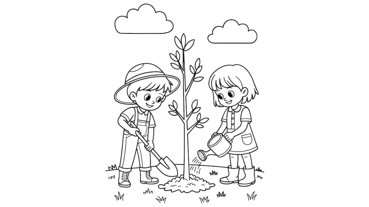 Tranh vẽ bảo vệ môi trường với hai em nhỏ đang trồng và tưới cây trong khu vườn