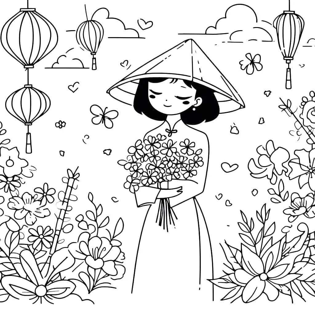 Tranh vẽ bảo vệ môi trường với cô gái đội nón lá ôm bó hoa giữa khu vườn đầy hoa, bướm và đèn lồng