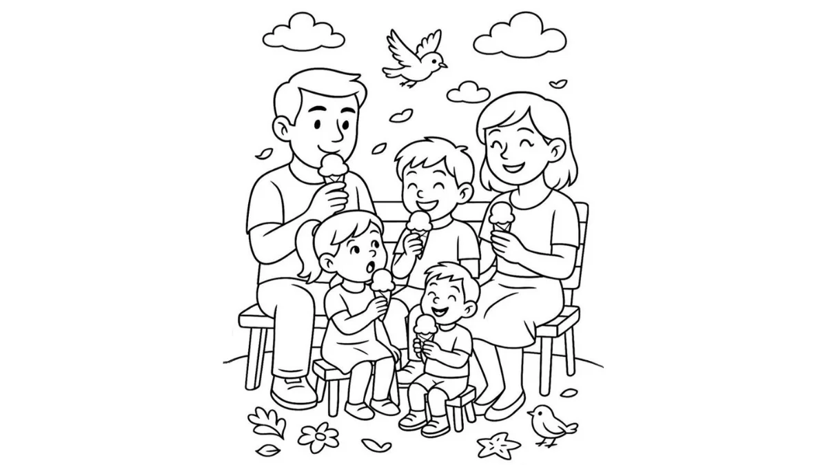 Tranh vẽ gia đình quây quần giữa thiên nhiên với cây cỏ, hoa lá và chim trời