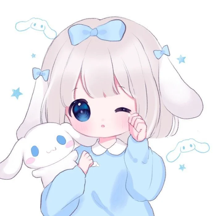 hình ảnh cute cô bé chibi tóc trắng nháy mắt ôm thú bông