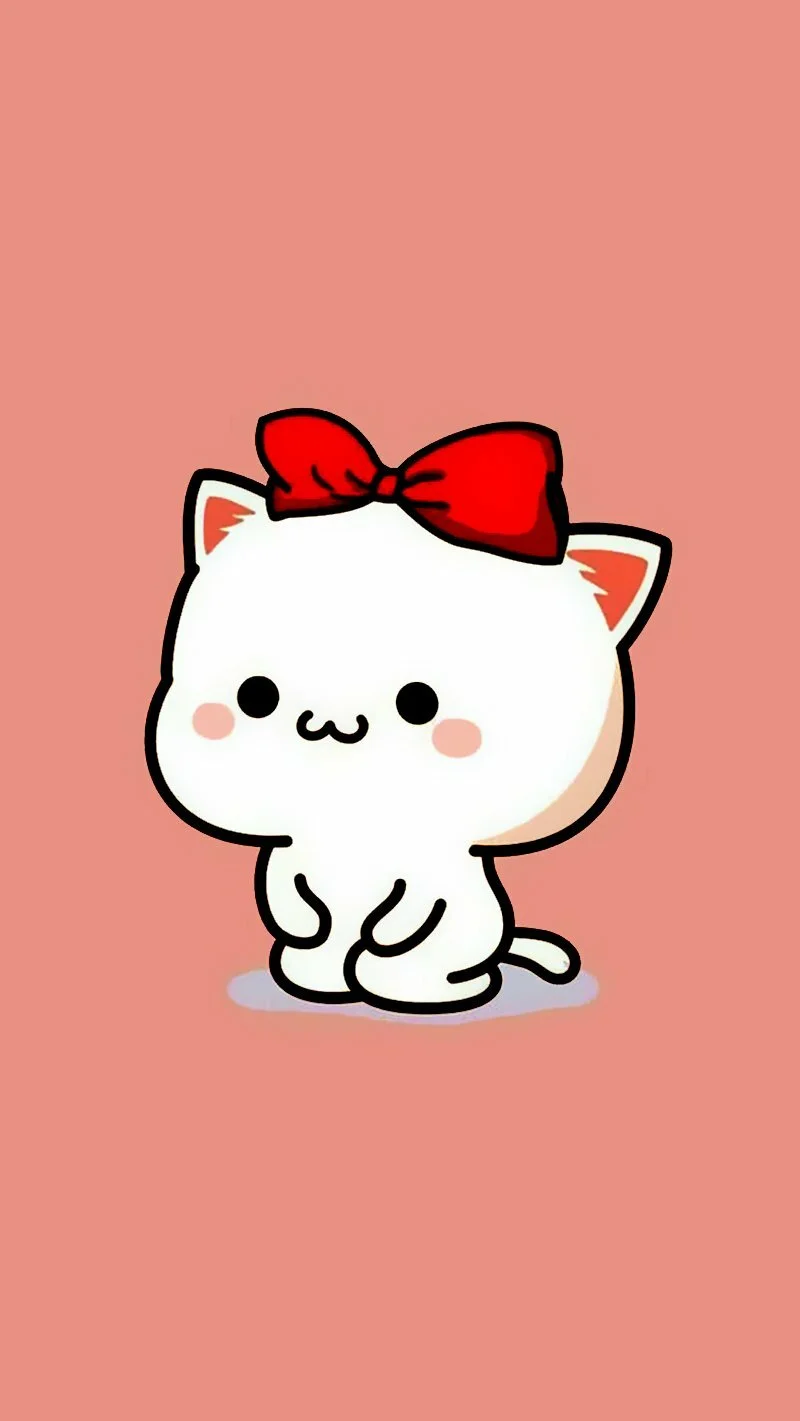 Hình ảnh cute mèo trắng đeo nơ đỏ ngồi trên nền cam san hô
