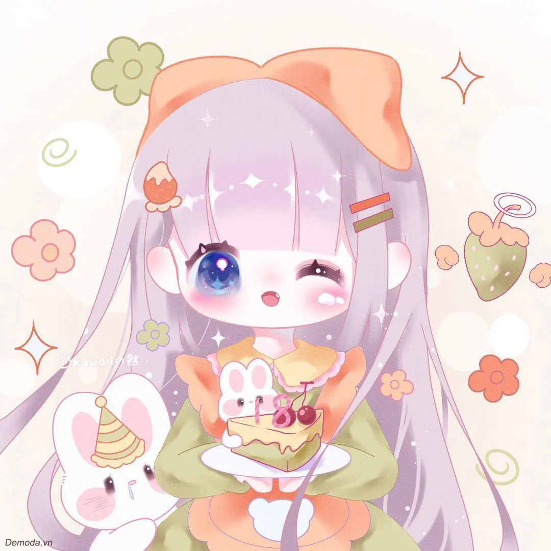 hình ảnh cute cô nàng anime tóc tím cầm bánh ngọt