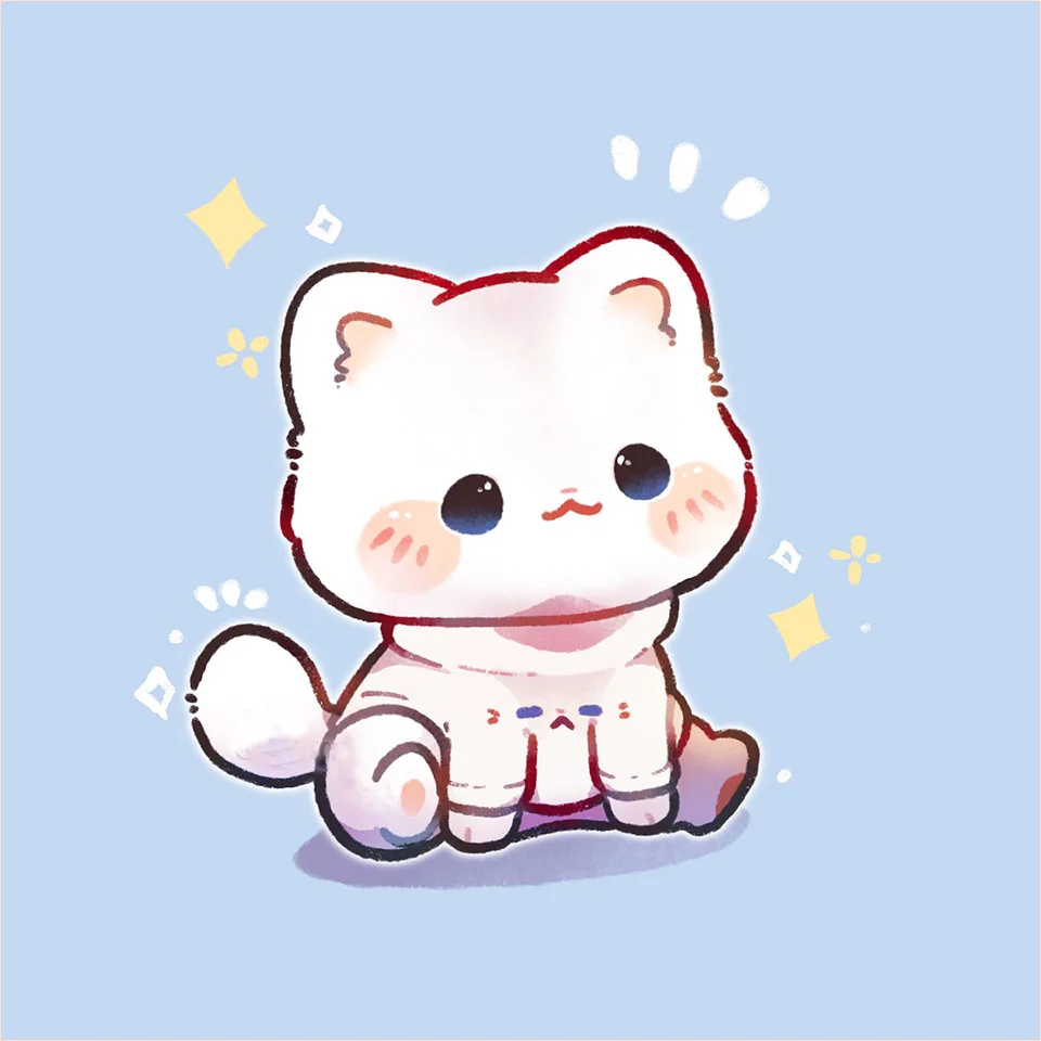 Hình ảnh cute chú mèo trắng kawaii dễ thương với má hồng trên nền xanh pastel
