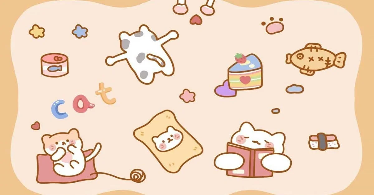 Hình ảnh cute mèo con nằm đọc sách giữa các doodle phụ kiện dễ thương