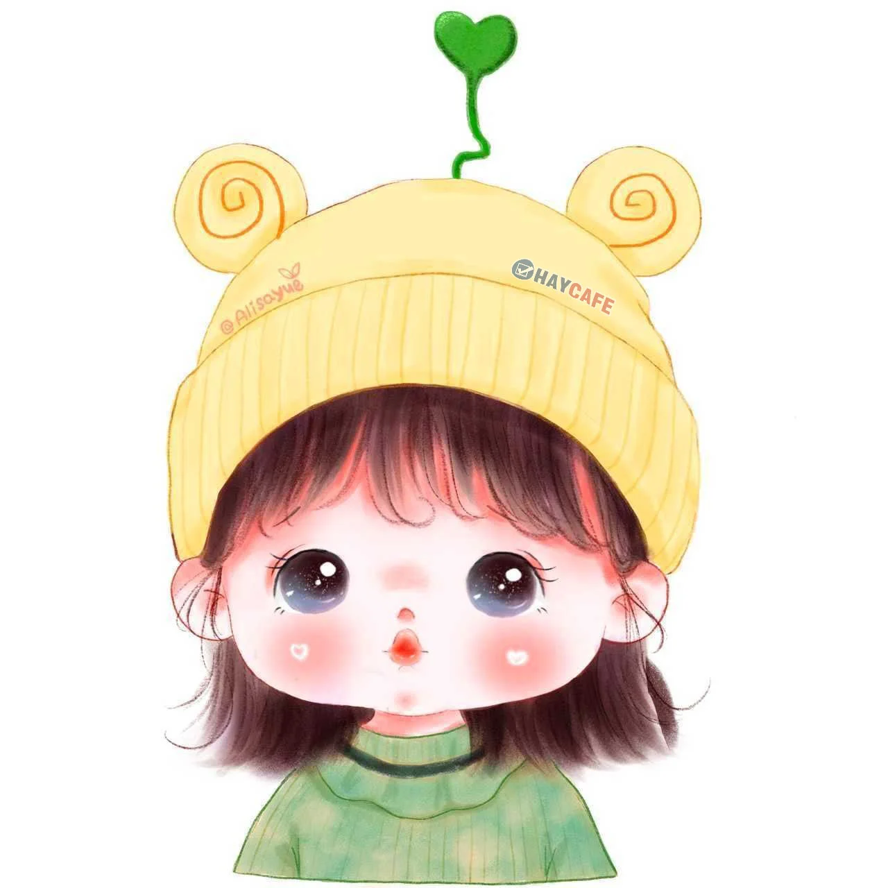 hình ảnh cute bé gái đội mũ vàng hình gấu có mầm xanh