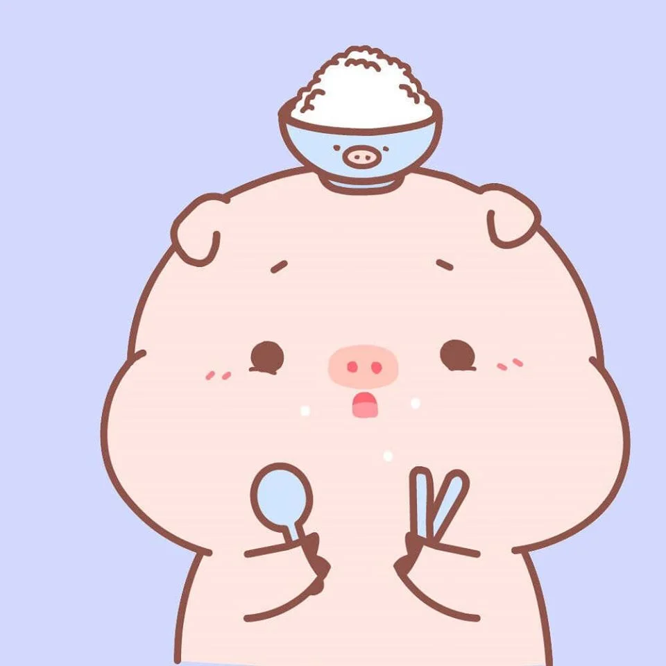 hình ảnh cute heo hồng chibi đội bát cơm trên đầu