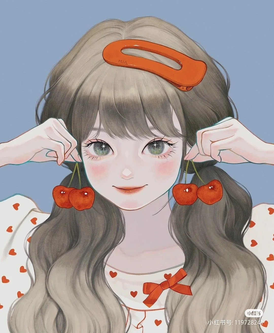 Hình ảnh cute cô gái tóc nâu búi tóc kẹp cam khuyên cherry