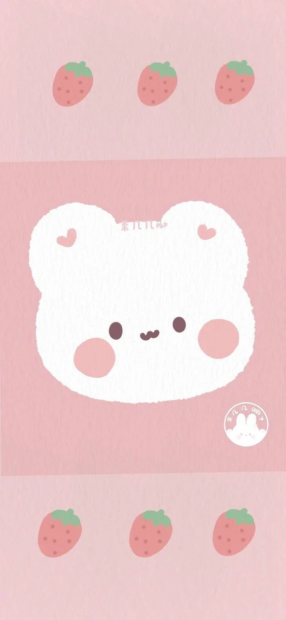 Hình ảnh cute gấu trắng nền hồng họa tiết dâu tây dễ thương