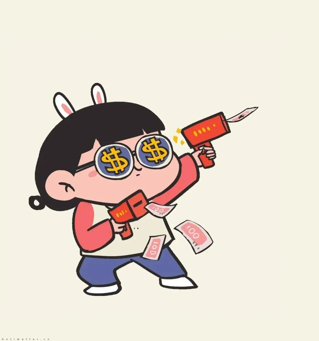 Hình ảnh cute cô bé đeo tai thỏ mắt hình đô la ôm bao lì xì đỏ đón Tài Lộc năm mới