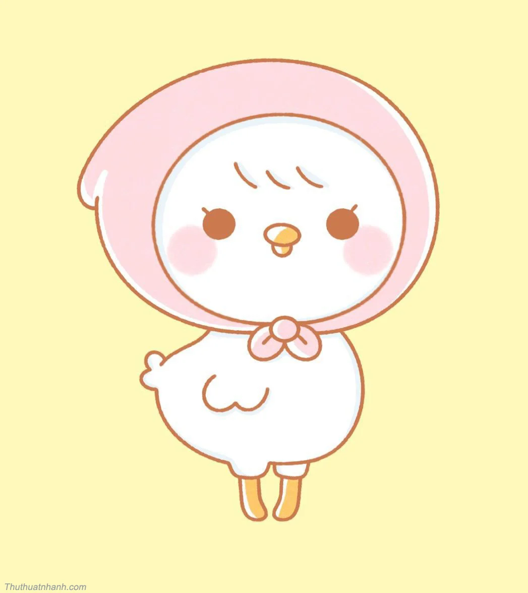 Hình ảnh cute gà con đội mũ trùm hồng nơ trên nền vàng pastel