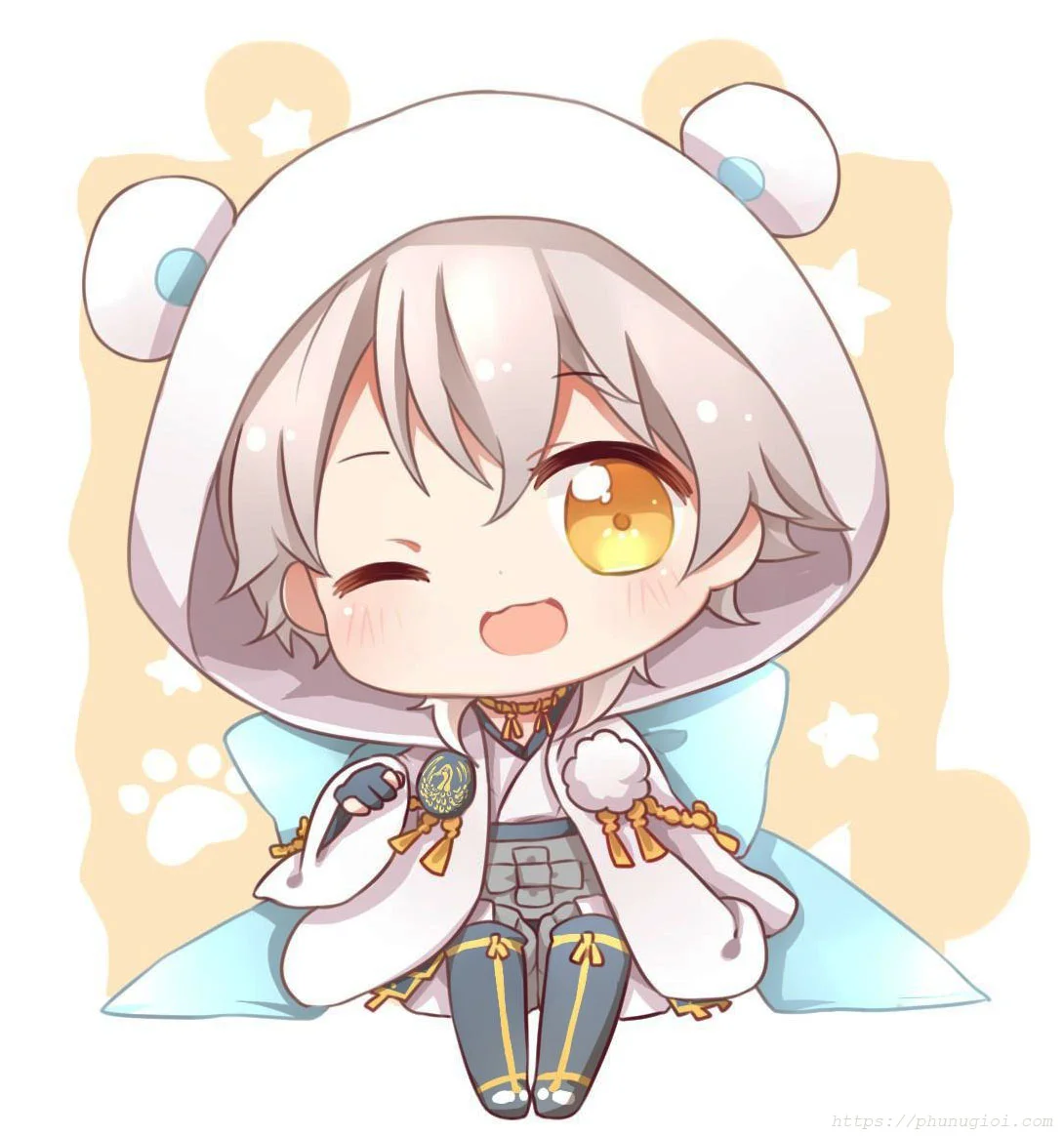 Hình ảnh cute chibi bé trai đội mũ gấu trắng nháy mắt dễ thương