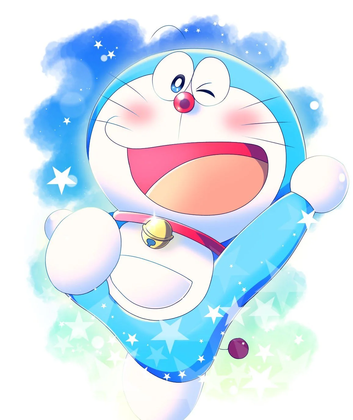 hình ảnh cute Doraemon cười tươi nền xanh nước