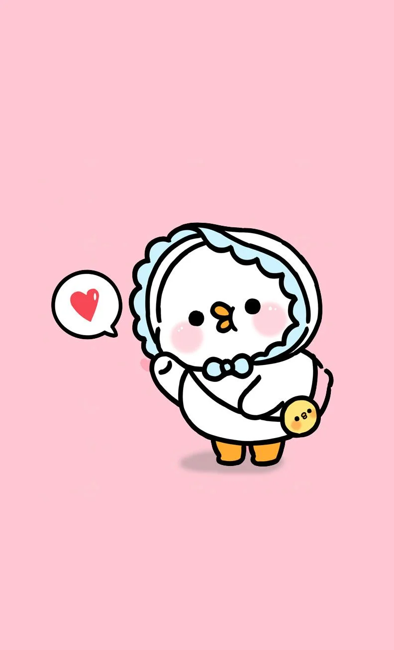 Hình ảnh cute vịt con đội khăn xanh ôm tim trên nền hồng pastel