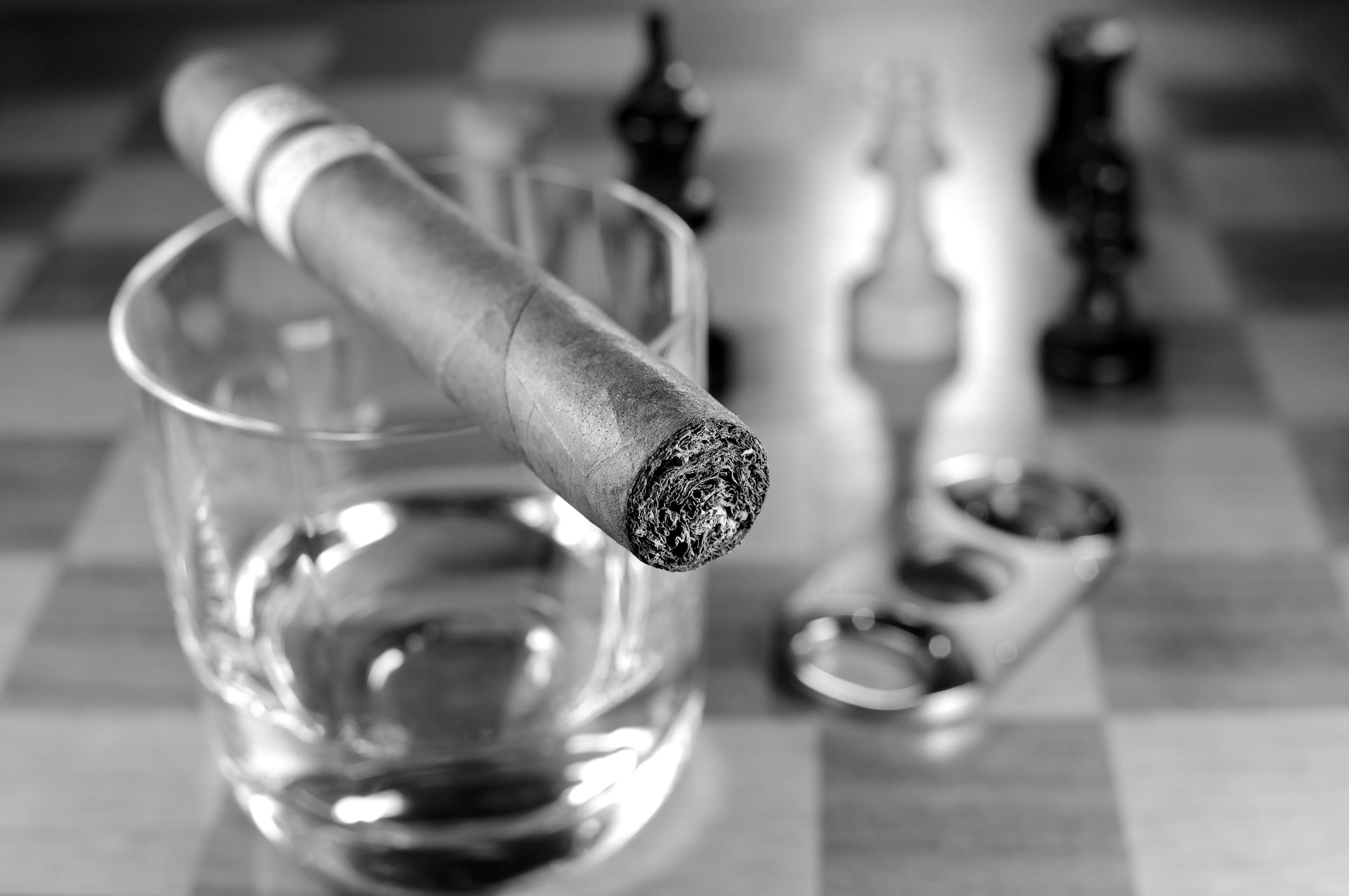 hình ảnh : đen và trắng, ly, Tháp, Đơn sắc, quý bà, nhà vua, Cờ vua, chiến lược, whisky, Điếu xì gà, Trò chơi, Hưởng lợi từ, nông dân, Bảng cờ vua,