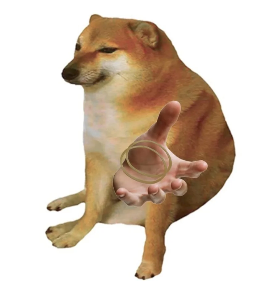 Hình ảnh meme chó Doge Shiba Inu nghiêm túc chìa bàn tay người ra phía trước trên nền trắng
