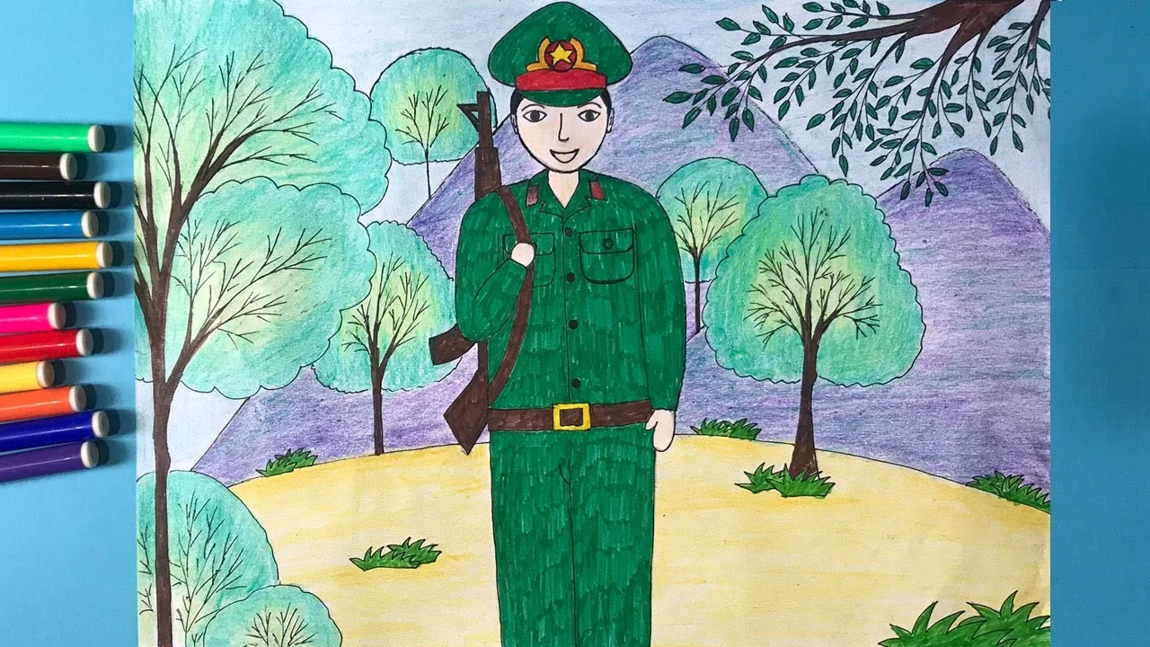 Tranh vẽ chân dung chú bộ đội mặc quân phục đứng giữa thiên nhiên