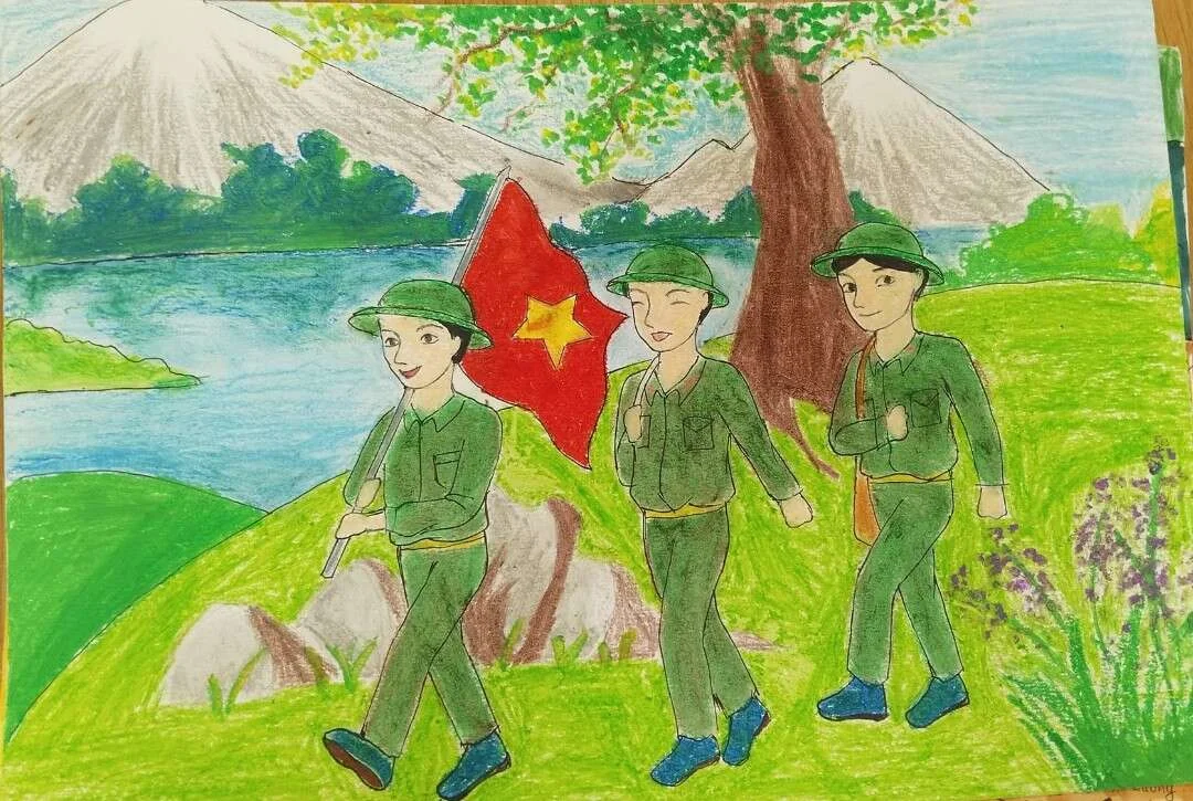 Tranh vẽ các chú bộ đội hành quân bên hồ cùng lá cờ Việt Nam