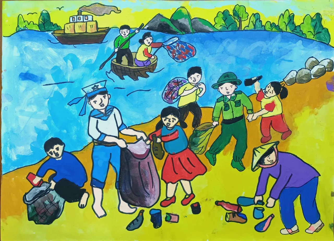 Tranh vẽ chú bộ đội giúp người dân trong cảnh ngập lụt