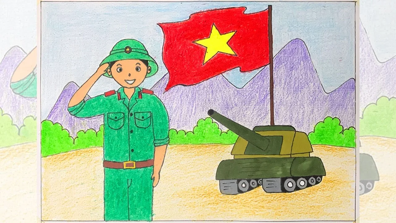 Tranh vẽ chú bộ đội đứng cạnh xe tăng và lá cờ Việt Nam