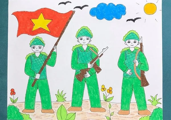 Tranh vẽ ba chú bộ đội cầm súng và lá cờ đỏ sao vàng