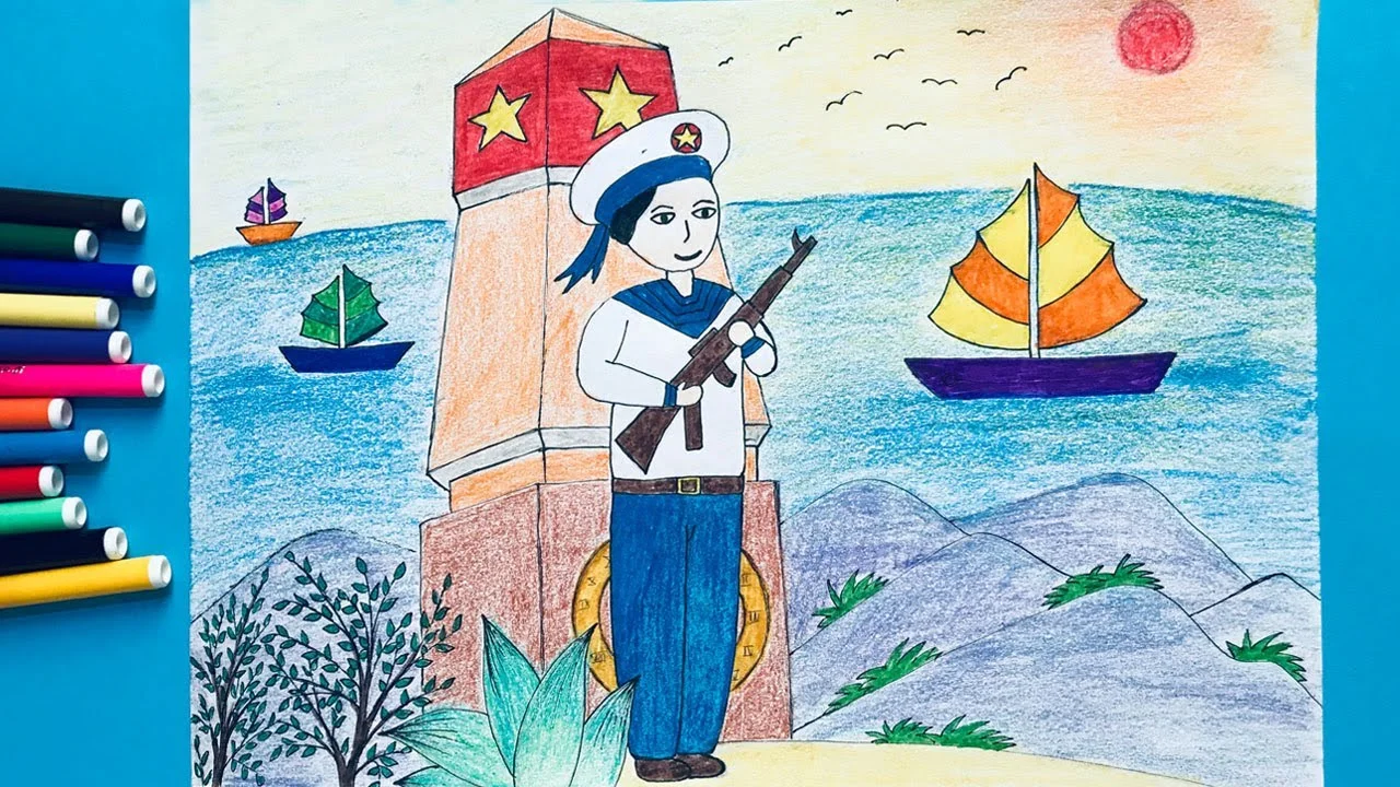 Tranh vẽ chú bộ đội hải quân cầm súng bên biển