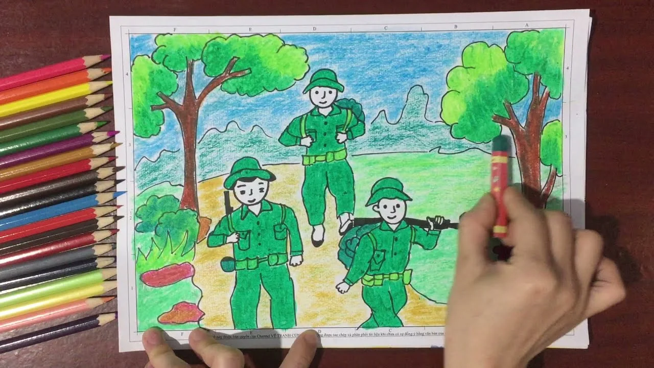 Tranh vẽ ba chú bộ đội trong rừng xanh