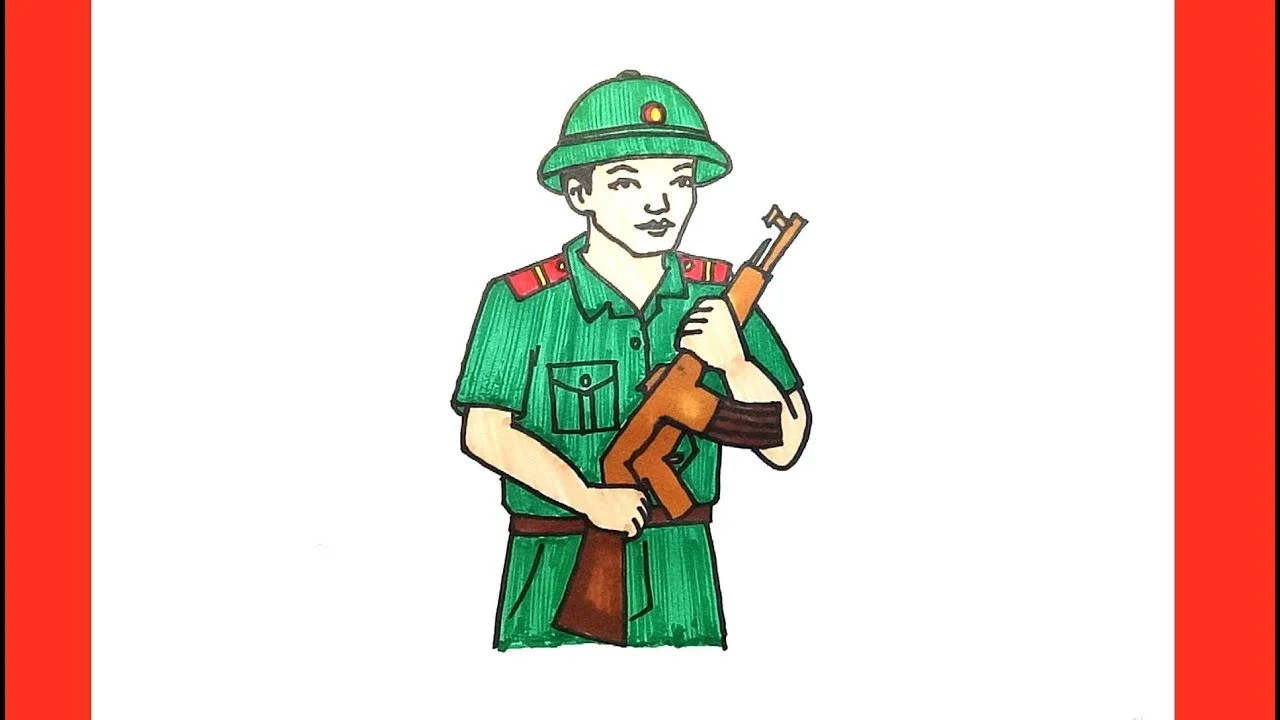 Tranh vẽ chú bộ đội mặc quân phục xanh cầm súng