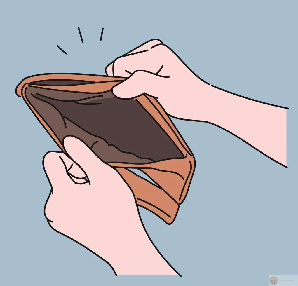 Meme hết tiền hài hước minh họa hoạt hình hai tay mở ví rỗng không còn một đồng
