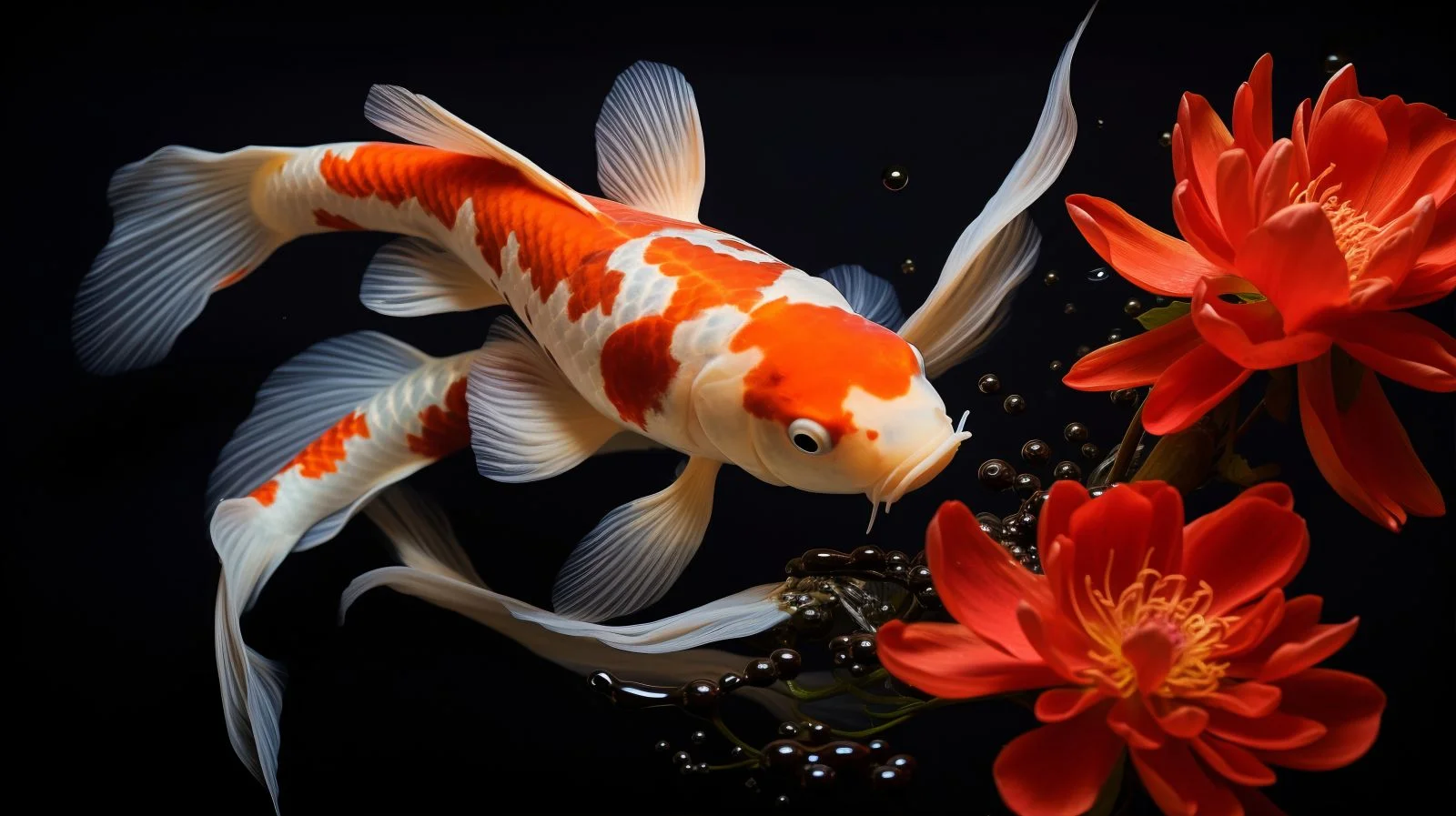 Hình nền thu hút may mắn đôi cá Koi đỏ trắng bơi cùng hoa sen đỏ