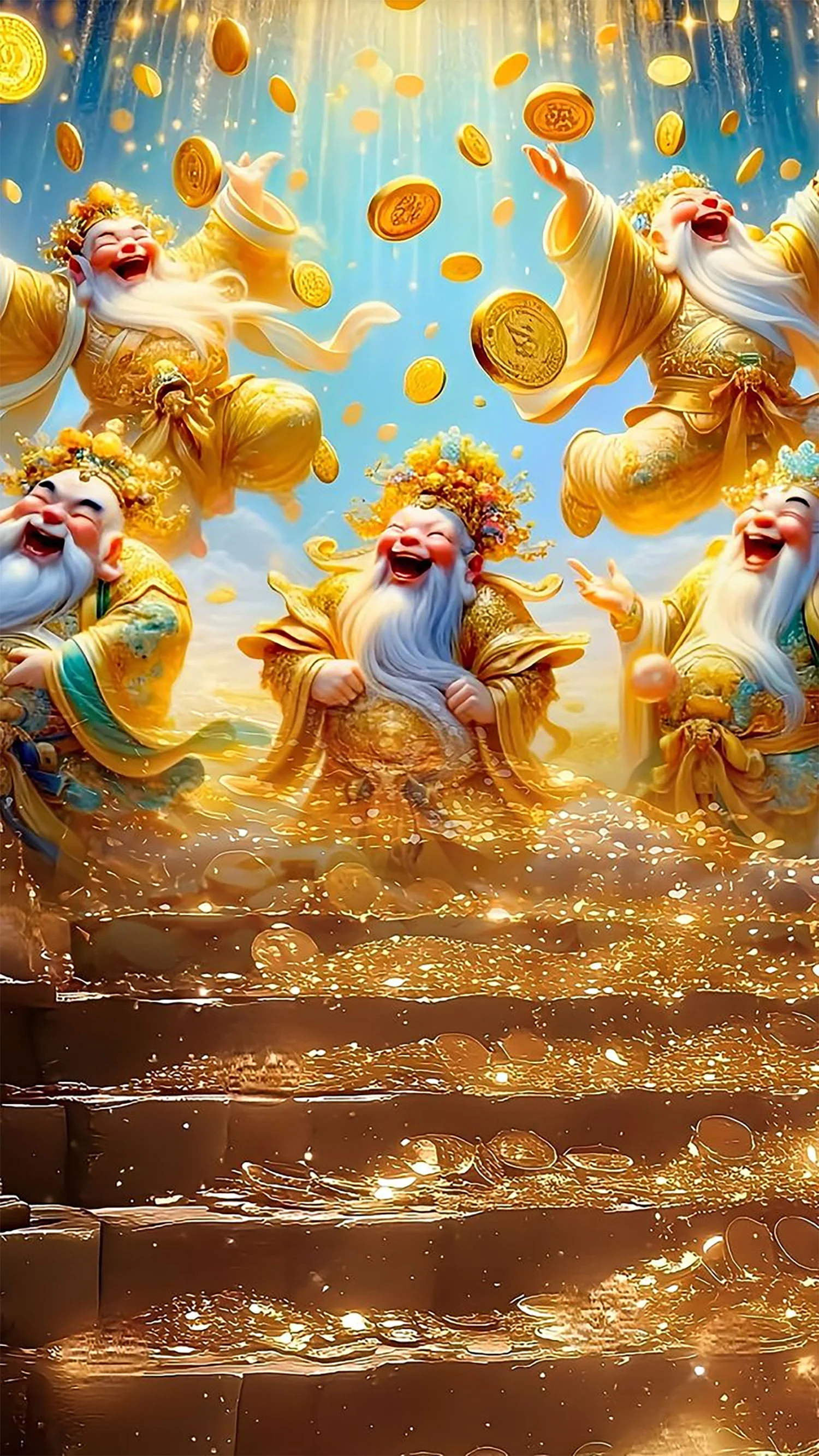 Hình nền thu hút may mắn các vị Thần Tài rải tiền vàng trên bậc thang ánh sáng