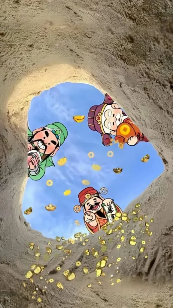 Hình nền thu hút may mắn ba vị thần tài chibi bay qua hang đá cùng mưa vàng