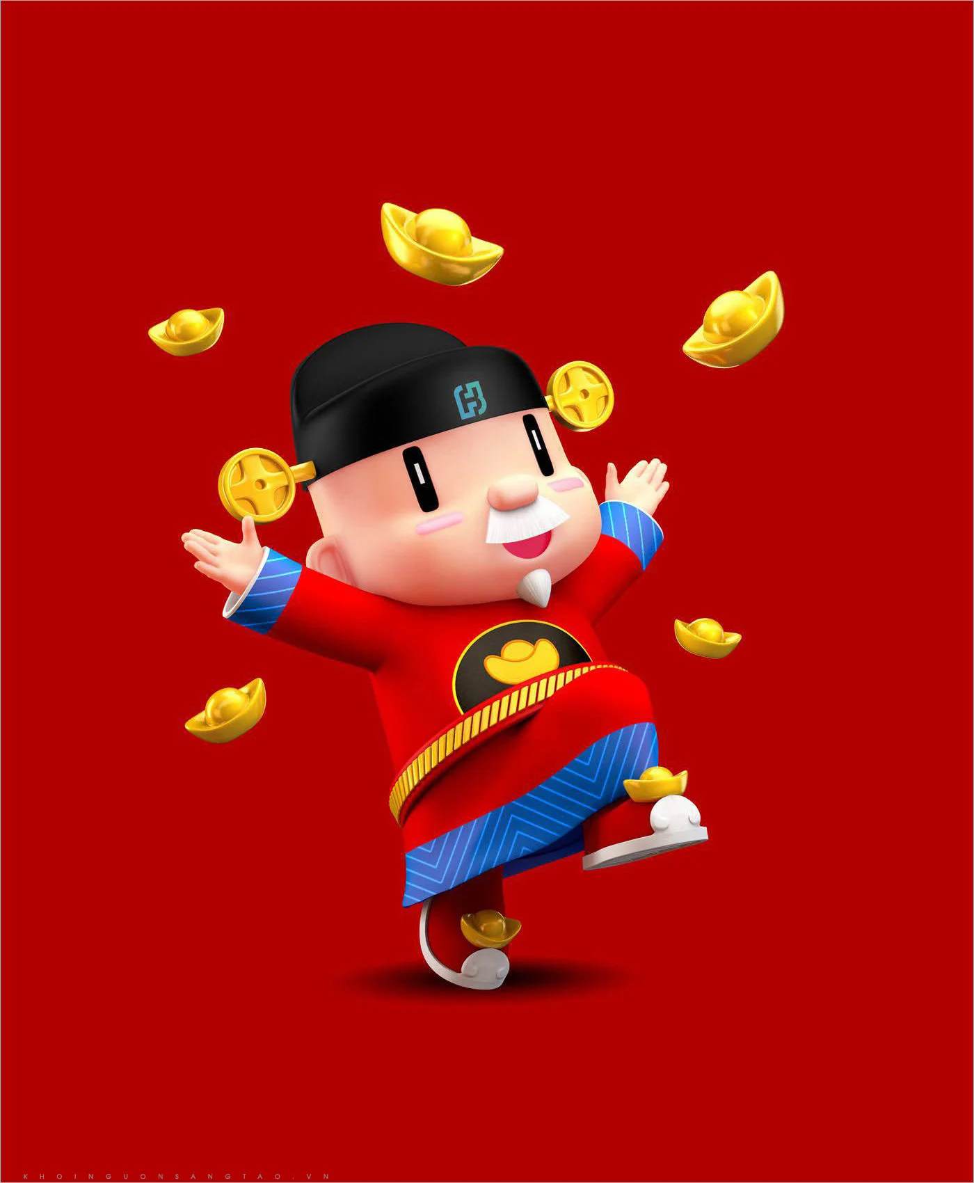 Hình nền thu hút may mắn Thần Tài chibi tung thỏi vàng trên nền đỏ