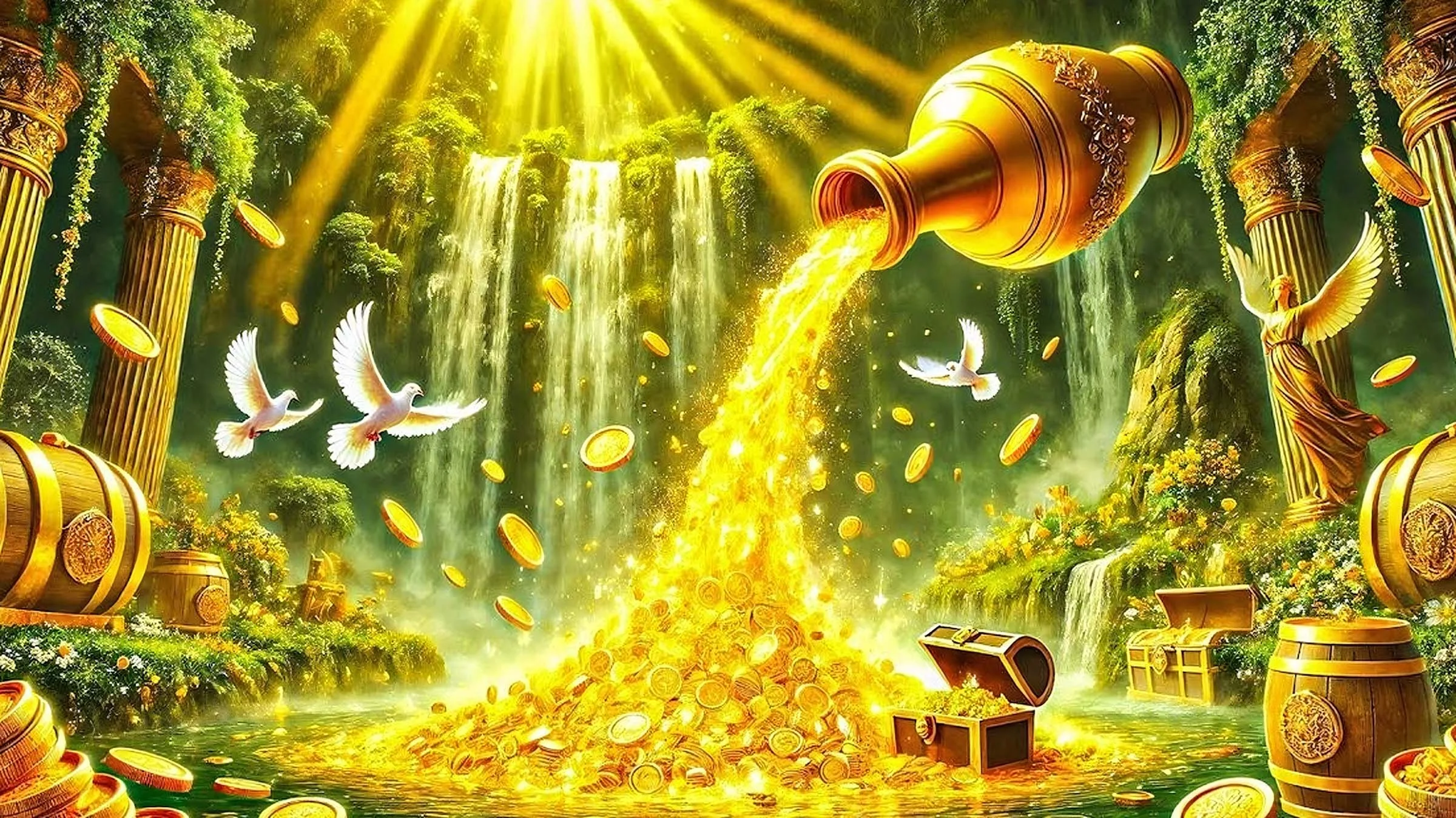 Hình nền thu hút may mắn bình vàng tuôn suối tiền xu trong rừng cổ tích