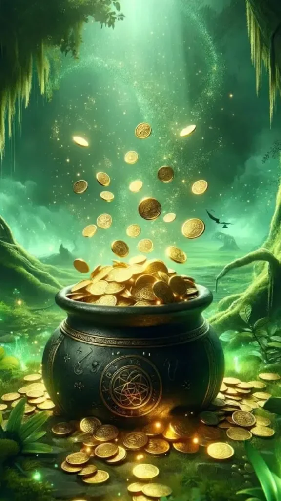 Hình nền thu hút may mắn nồi vàng phép thuật phun trào đồng xu trong rừng
