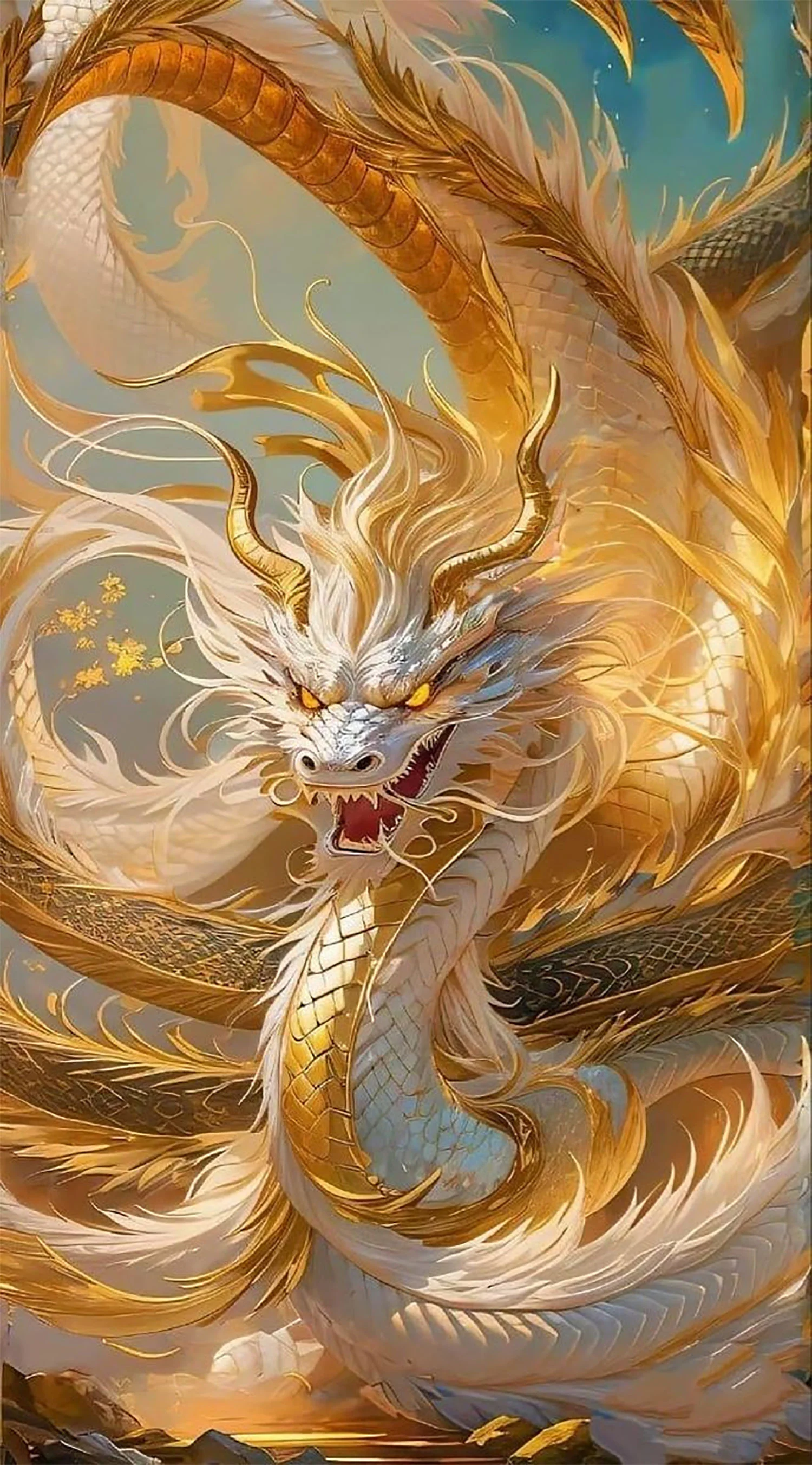 Hình nền thu hút may mắn rồng vàng kim uy nghi uốn lượn lấp lánh