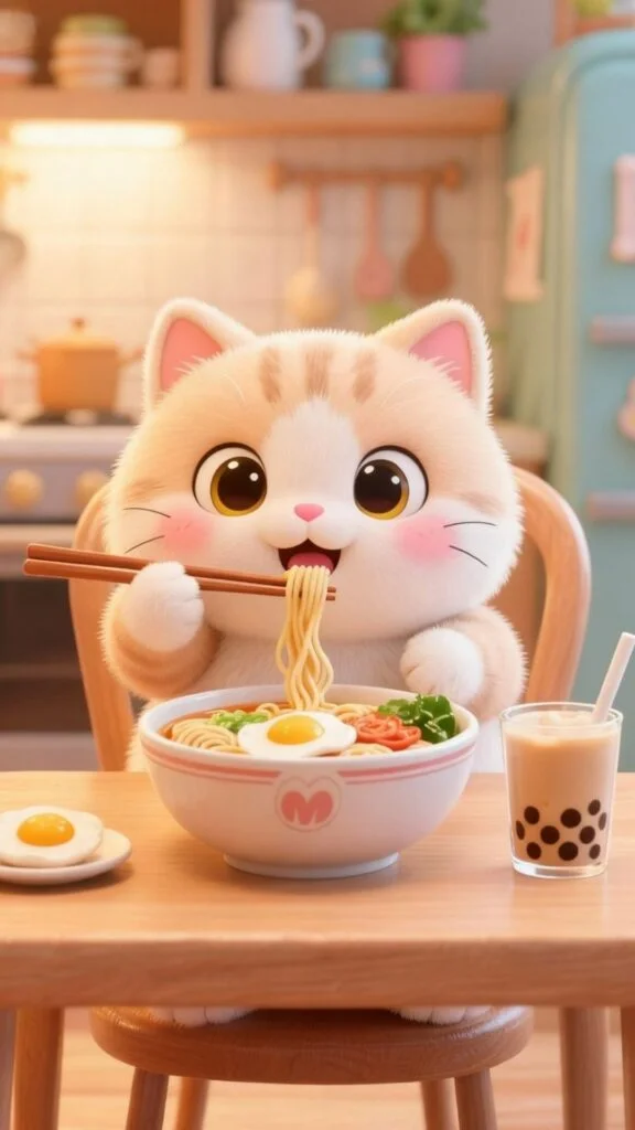 Mèo chibi ăn mì tôm ngon lành