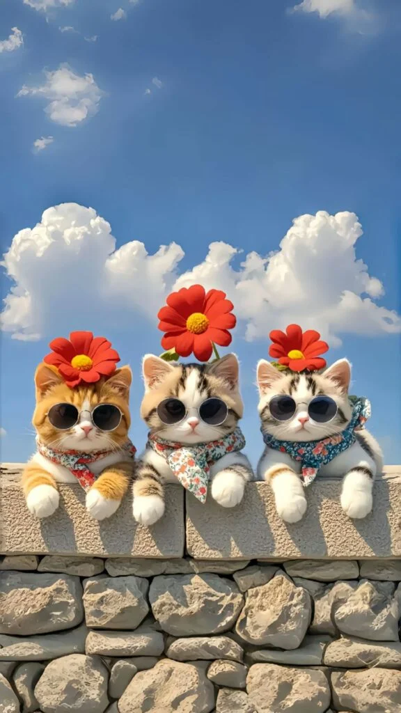 Hội mèo đáng yêu ngồi trên tường đá