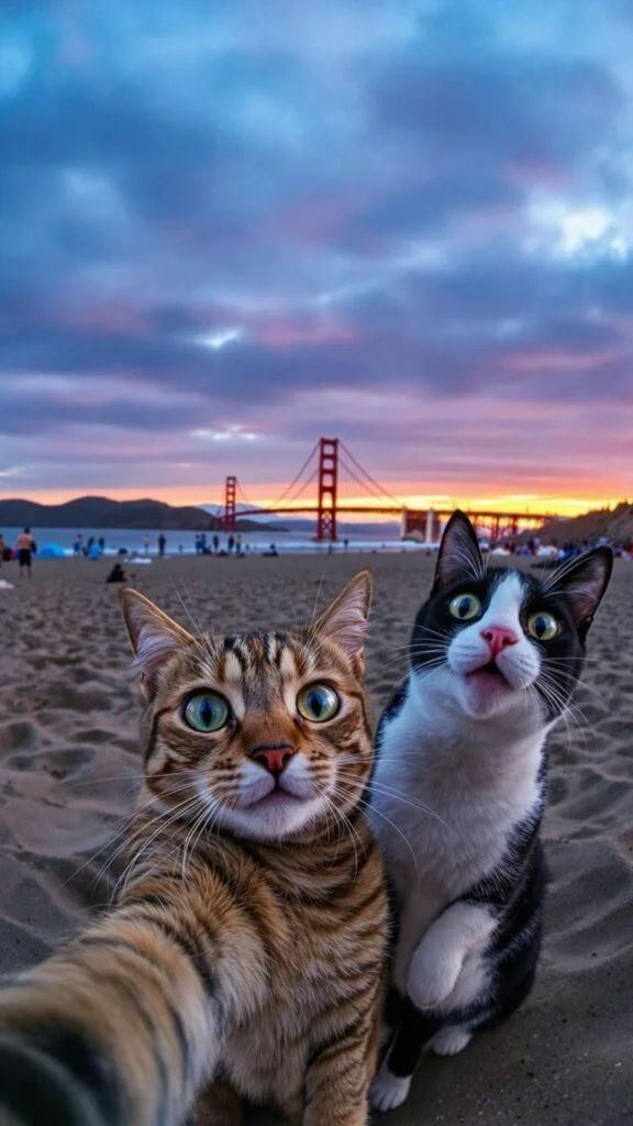 Mèo chụp selfie dưới ánh hoàng hôn đẹp