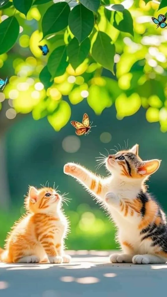 Mèo mẹ con đùa giỡn trong vườn