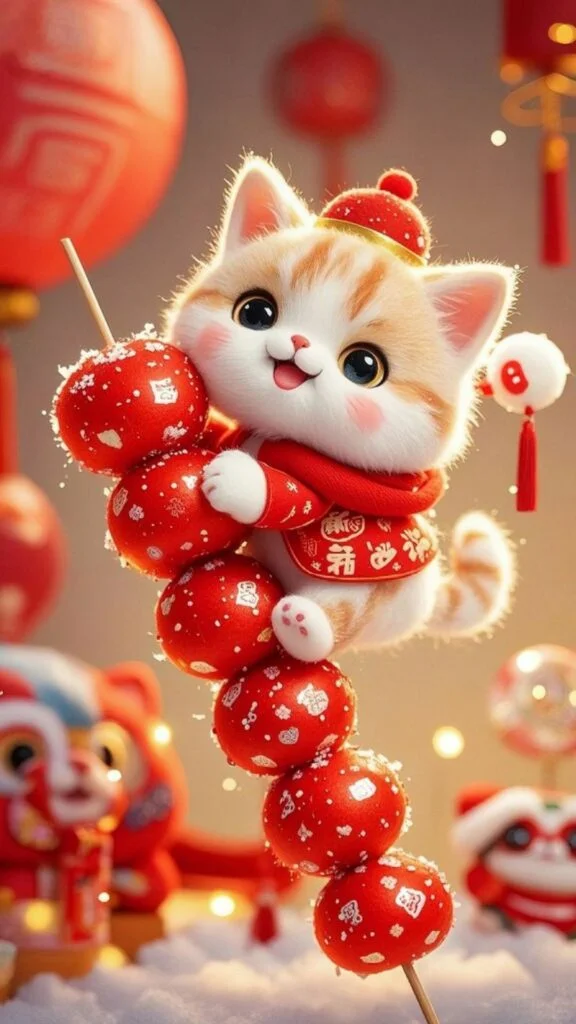 Mèo mừng năm mới cùng pháo đỏ