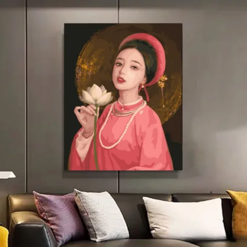 Tranh số hóa cô gái áo dài hoa sen