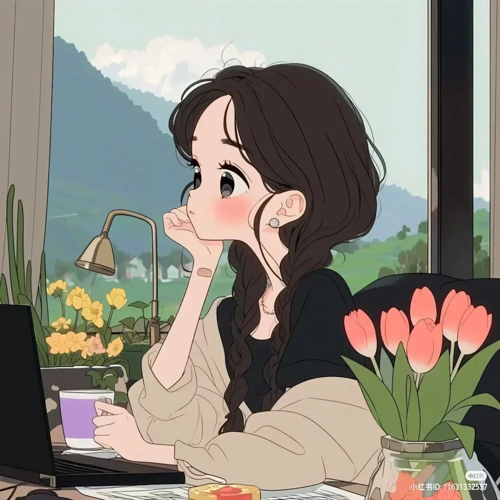 Cô gái anime dễ thương làm việc bên cửa sổ, nằm trong danh sách top 36 ảnh đại diện đẹp cho mạng xã hội.